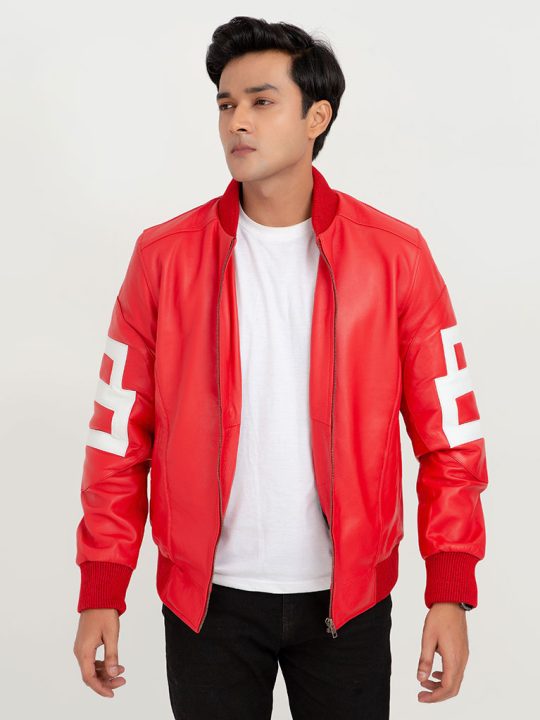 8 Ball Vibrant Red Leather Bomber Jacket - Front