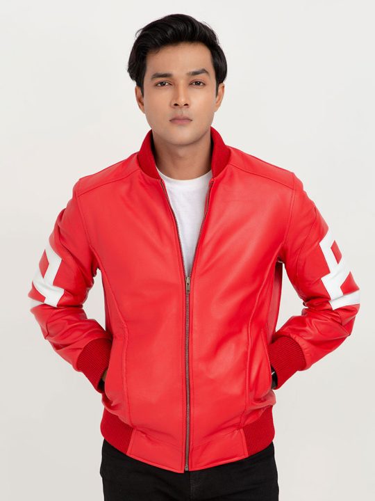 8 Ball Vibrant Red Leather Bomber Jacket - Zipped
