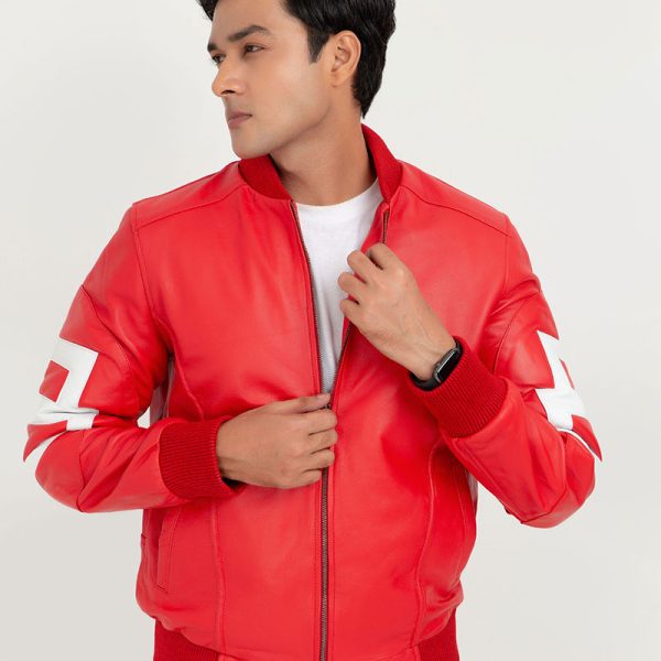 8 Ball Vibrant Red Leather Bomber Jacket - Zoom
