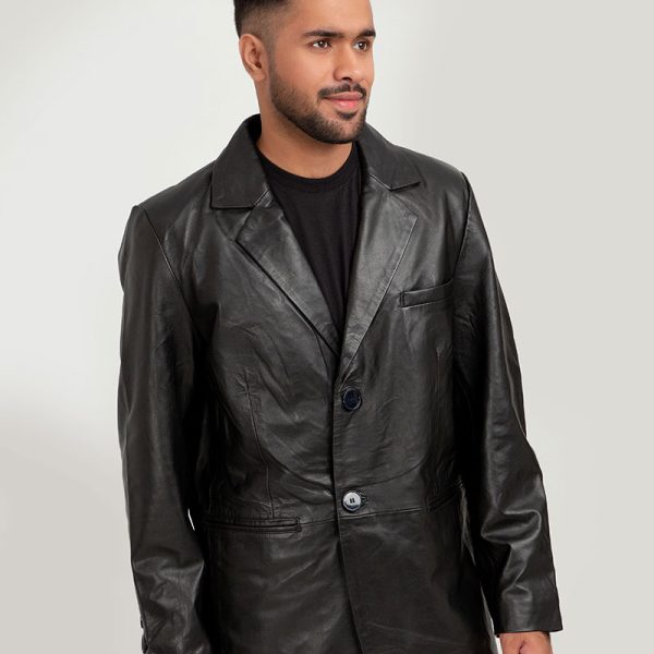 Adan Traditional Black Leather Coat - Front