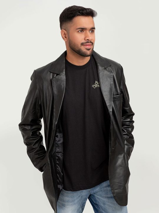 Adan Traditional Black Leather Coat - Front Open