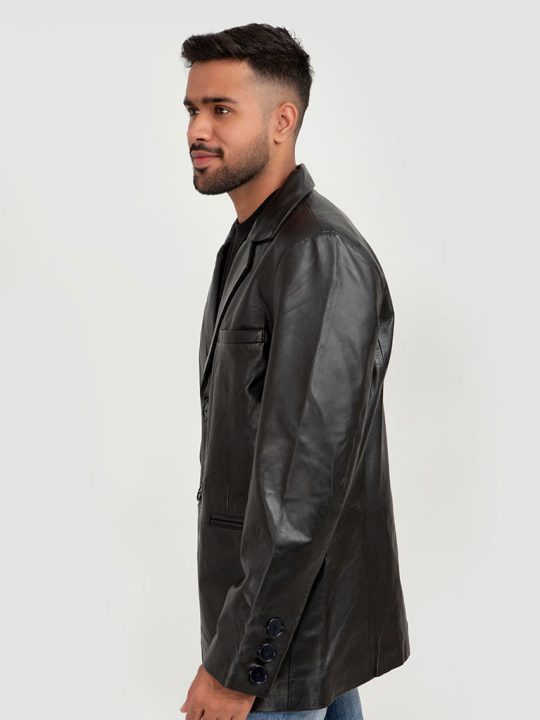 Adan Traditional Black Leather Coat - Left