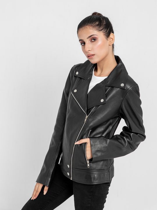 Alexandria Washy Black Leather Moto Jacket - Right