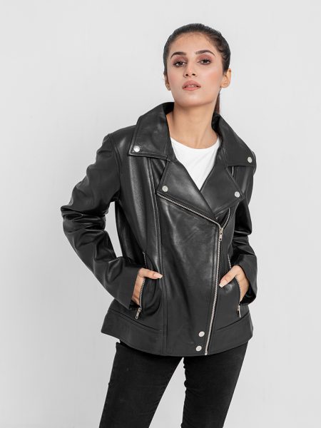 Alexandria Washy Black Leather Moto Jacket - Zipped