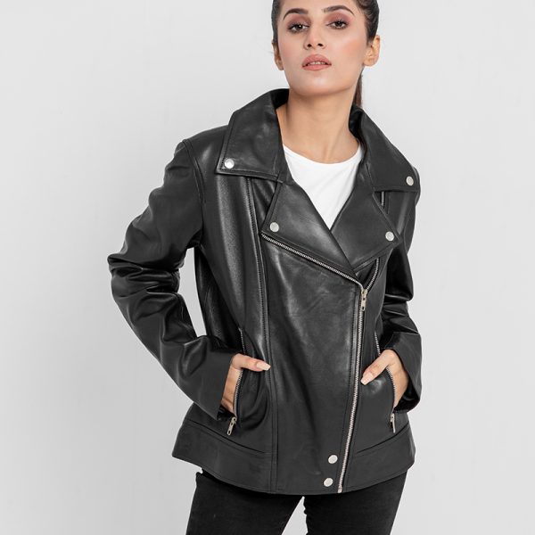 Alexandria Washy Black Leather Moto Jacket - Zipped