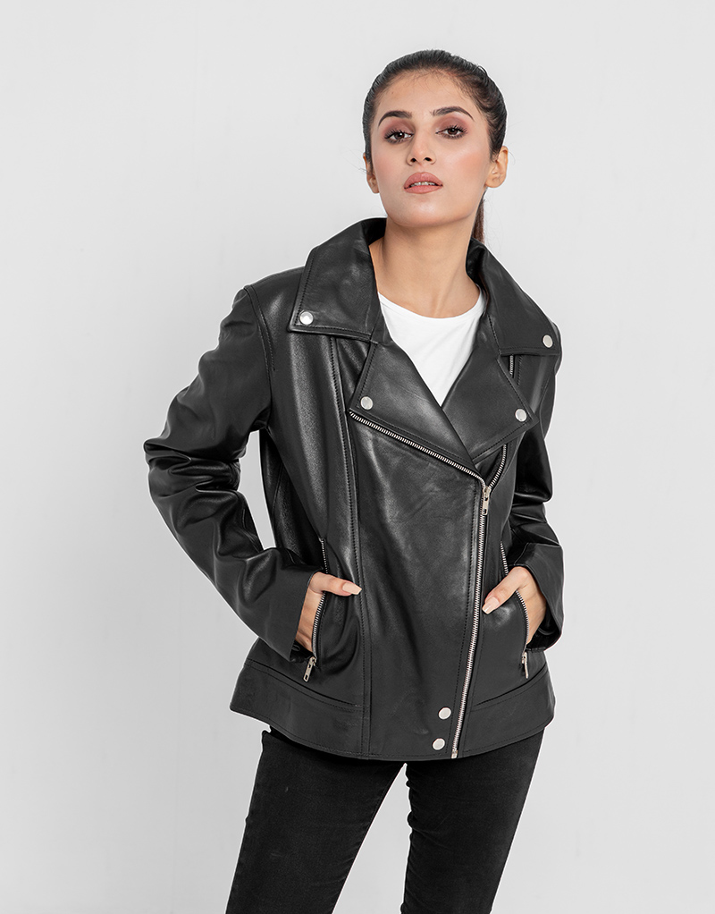 Buy Alexandria Washy Black Leather Moto Jacket - LeathersInn