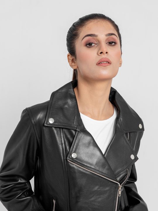 Alexandria Washy Black Leather Moto Jacket - Zoomed