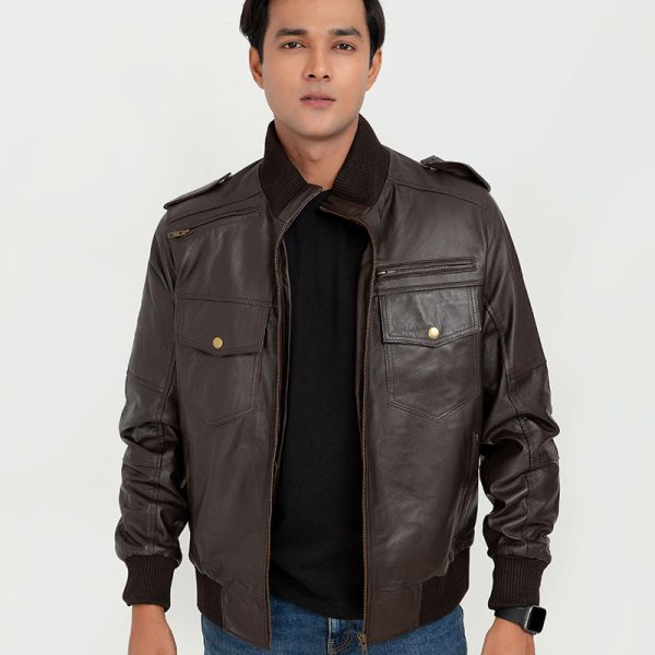 Amenadiel Brown Leather Bomber Jacket - Front