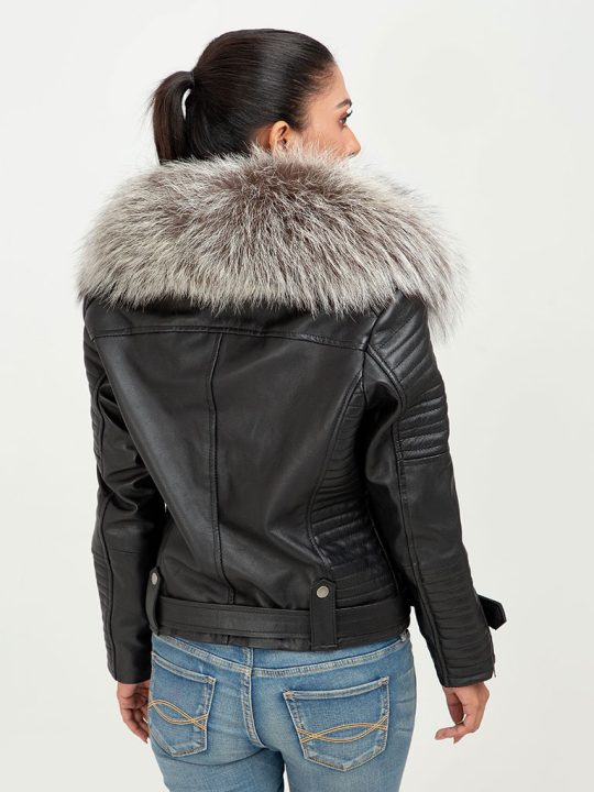 Angel in Disguise Silver Fox Fur Black Leather Jacket - Back