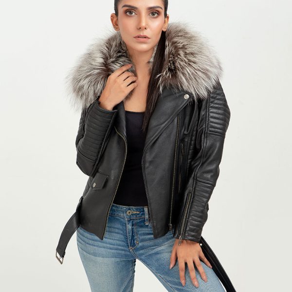 Angel in Disguise Silver Fox Fur Black Leather Jacket - Front