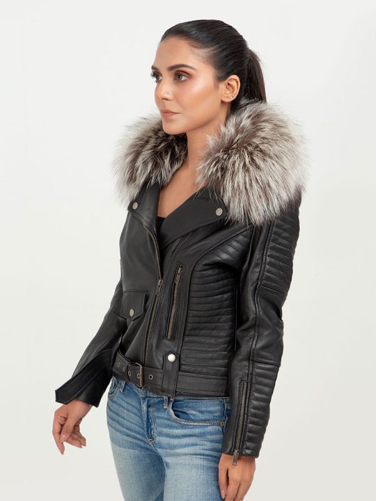 Angel in Disguise Silver Fox Fur Black Leather Jacket - Left