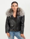 Angel in Disguise Silver Fox Fur Black Leather Jacket - Zipped