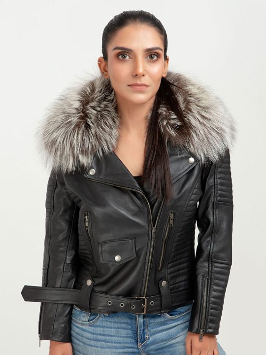 Angel in Disguise Silver Fox Fur Black Leather Jacket - Zoom
