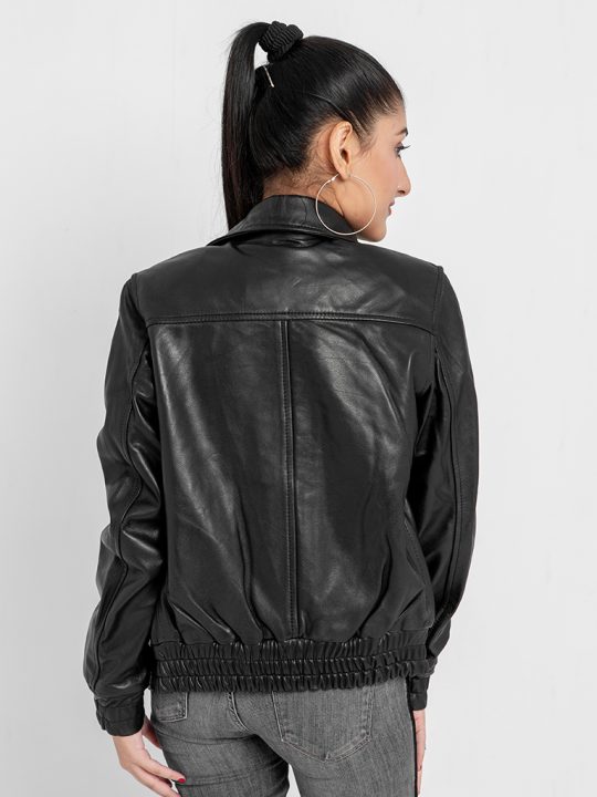 Annamaria Accent Cropped Black Leather Bomber Jacket - Back