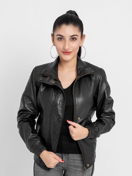 Annamaria Accent Cropped Black Leather Bomber Jacket - Front
