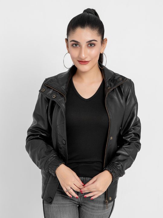 Annamaria Accent Cropped Black Leather Bomber Jacket - Front II