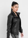 Annamaria Accent Cropped Black Leather Bomber Jacket - Left