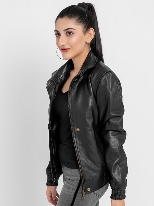 Annamaria Accent Cropped Black Leather Bomber Jacket - Right