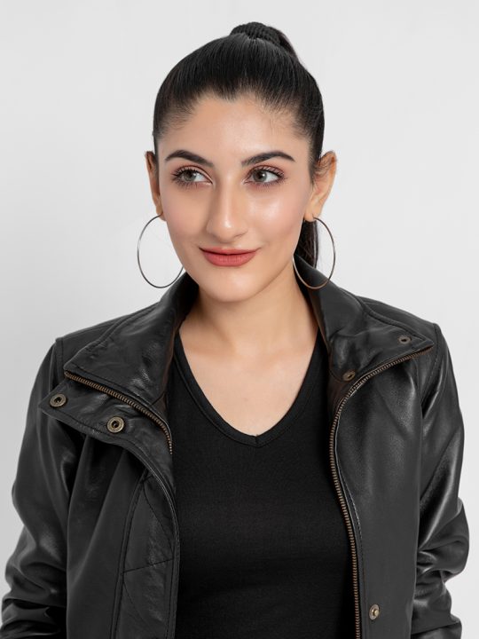 Annamaria Accent Cropped Black Leather Bomber Jacket - Zoomed