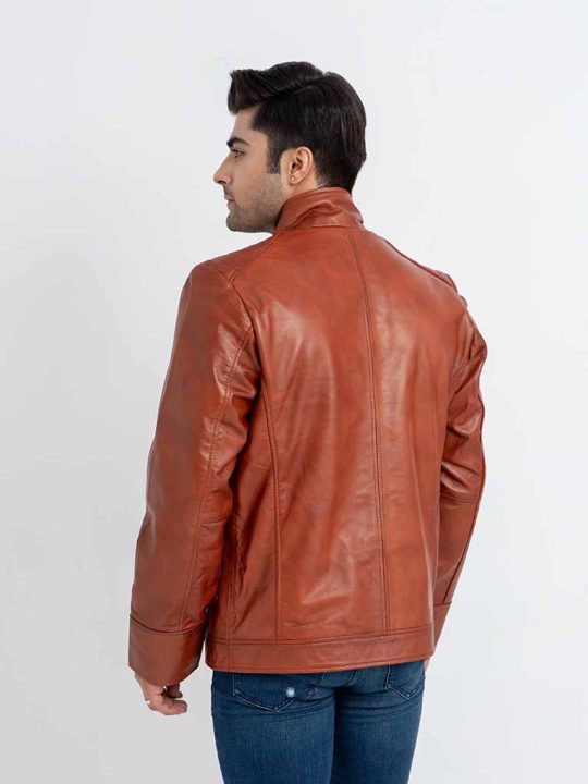Anslem Hand-Waxed Brown Leather Biker Jacket - Back