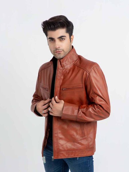 Anslem Hand-Waxed Brown Leather Biker Jacket - Front