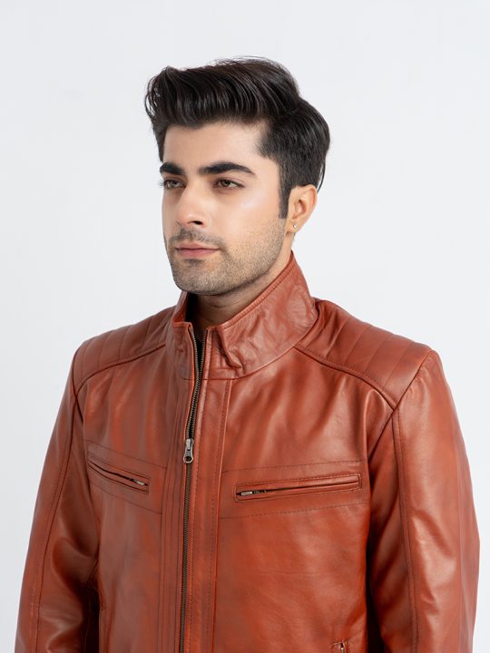 Anslem Hand-Waxed Brown Leather Biker Jacket - Zoom