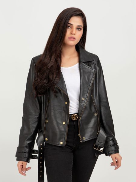 Arabella Moto Black Leather Jacket - Open Front