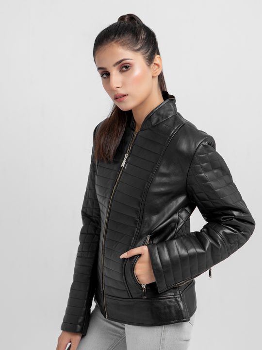 Aria Bodyfit Black Leather Biker Jacket - Right
