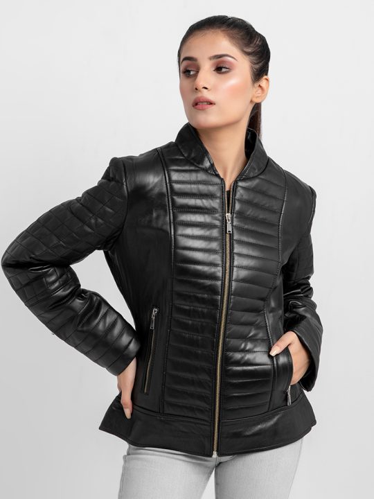 Aria Bodyfit Black Leather Biker Jacket - Zipped