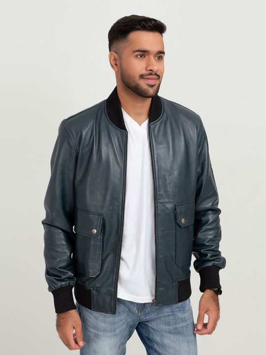 Armin Blue Bomber Aviator Leather Jacket - Open Front
