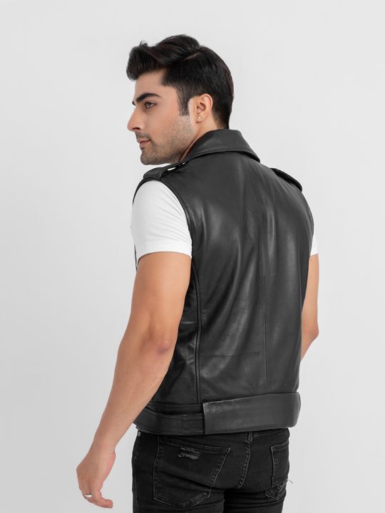 Auberon Black Leather Biker Vest - Back