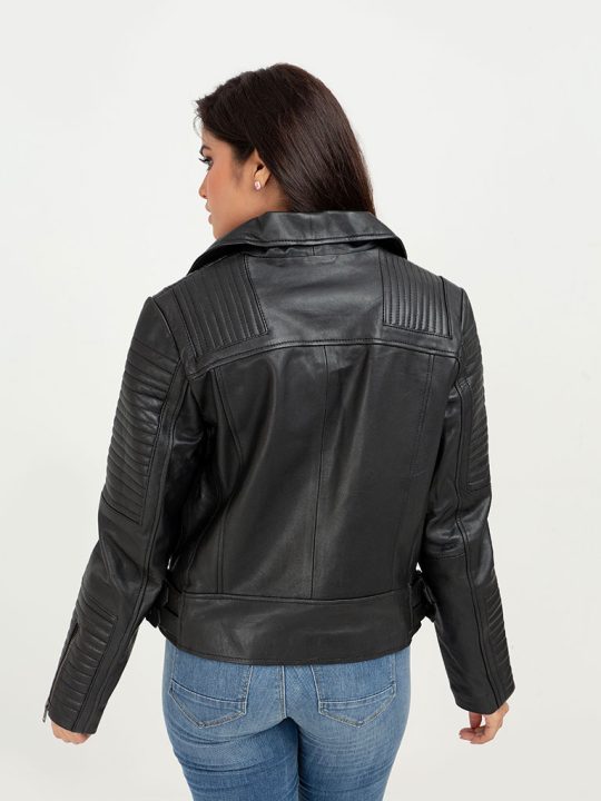 Avery Puff-Detailed Black Leather Biker Jacket - Back