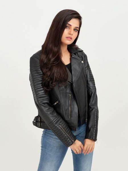 Avery Puff-Detailed Black Leather Biker Jacket - Front