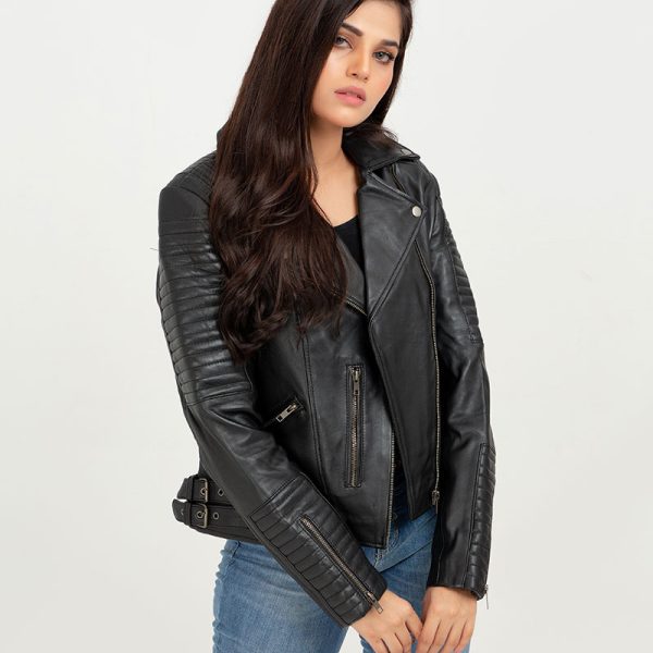 Avery Puff-Detailed Black Leather Biker Jacket - Front