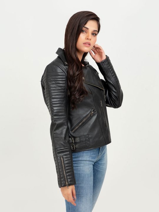 Avery Puff-Detailed Black Leather Biker Jacket - Right