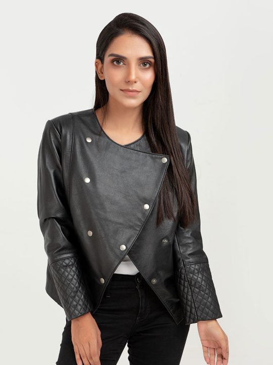 Blair Upper East Side Black Leather Jacket - Buttoned