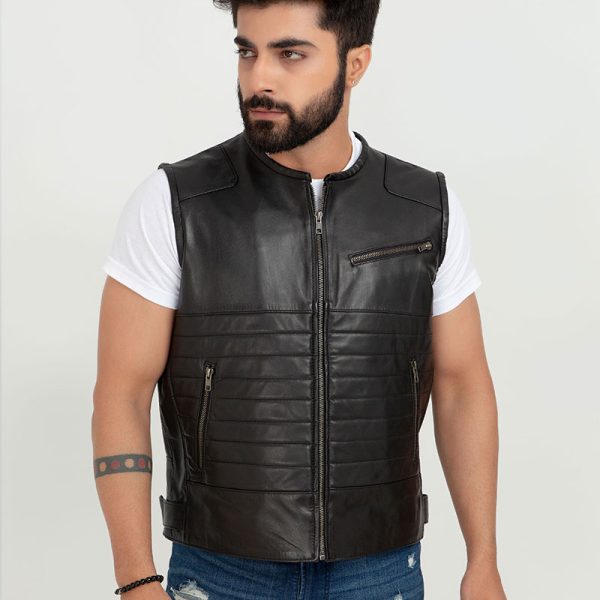 Brady Metallic Black Leather Vest - Zipped