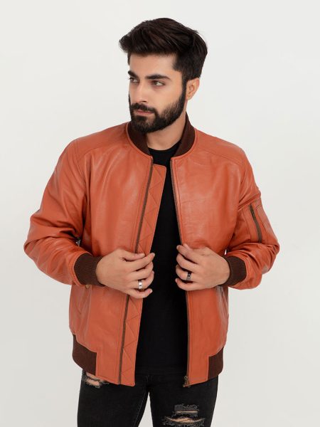 Bryce Snug Brown Leather Bomber Jacket - Front