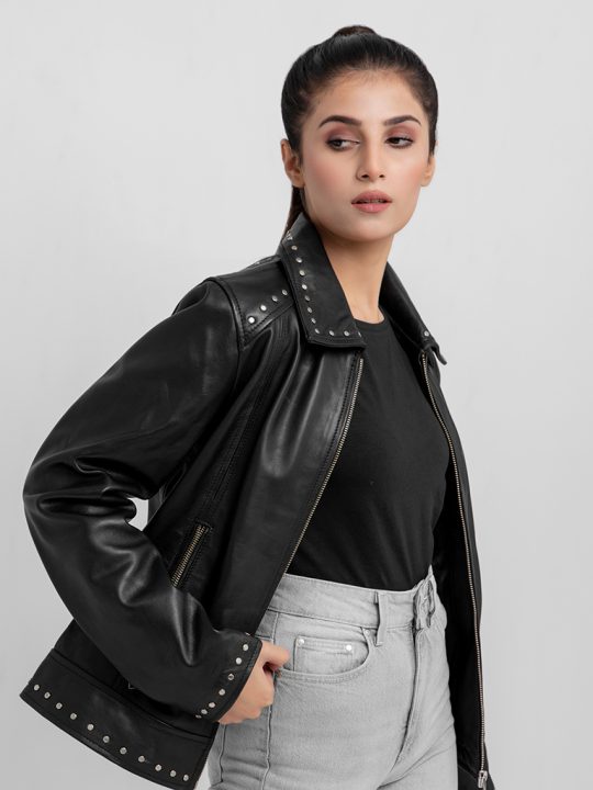 Camilla Stud-Embellished Black Leather Jacket - Front