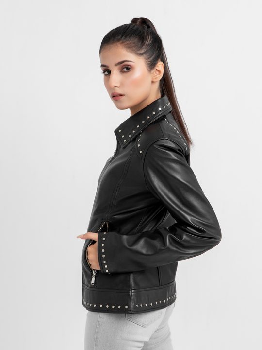 Camilla Stud-Embellished Black Leather Jacket - Right
