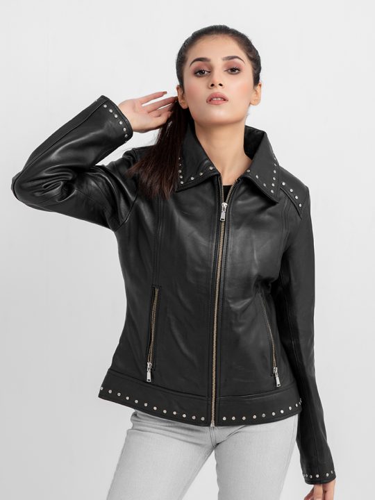 Camilla Stud-Embellished Black Leather Jacket - Zipped