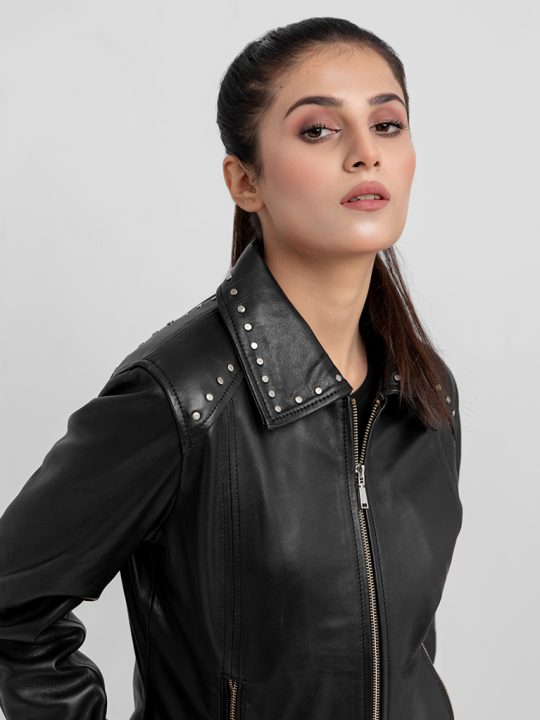 Camilla Stud-Embellished Black Leather Jacket - Zoomed