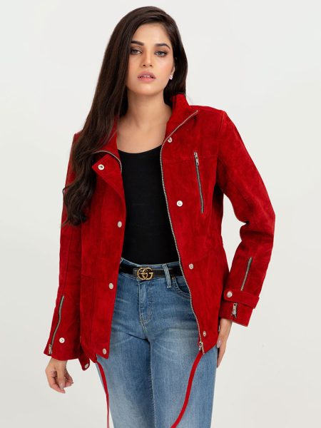 Cherry Blossom Suede Biker Leather Jacket - Front