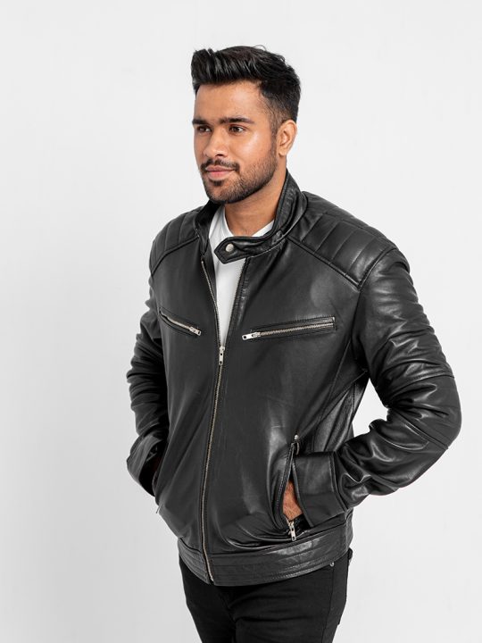Connery Black Leather Moto Jacket - Zipped