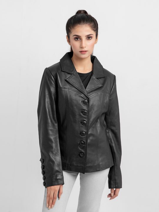 Constance Corset Black Leather Buttoned Jacket - Buttoned