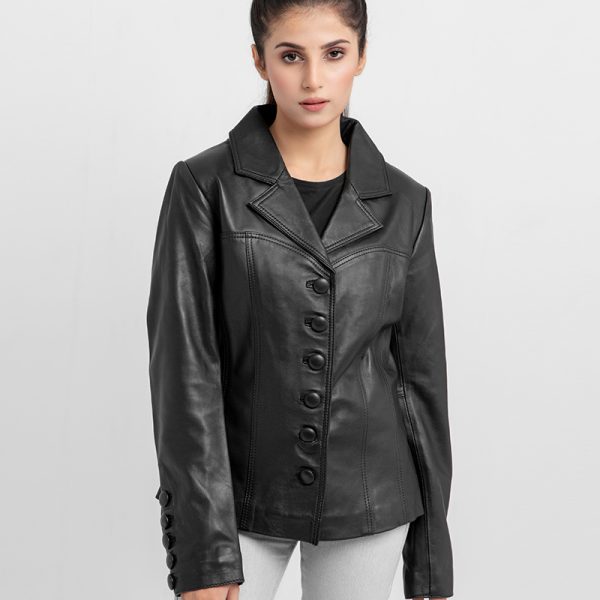 Constance Corset Black Leather Buttoned Jacket - Buttoned