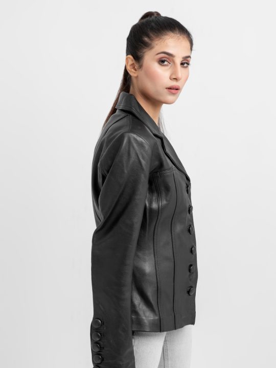 Constance Corset Black Leather Buttoned Jacket - Left