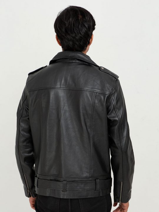 Damon Black Leather Belted Biker Jacket - Back