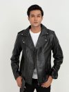 Damon Black Leather Belted Biker Jacket - Front