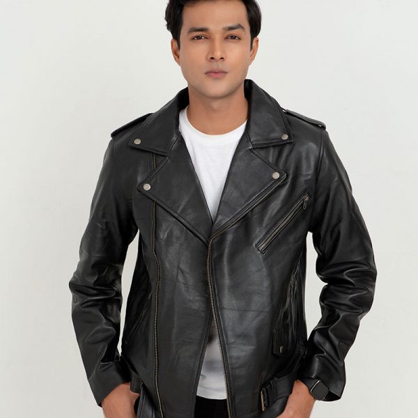 Damon Black Leather Belted Biker Jacket - Front
